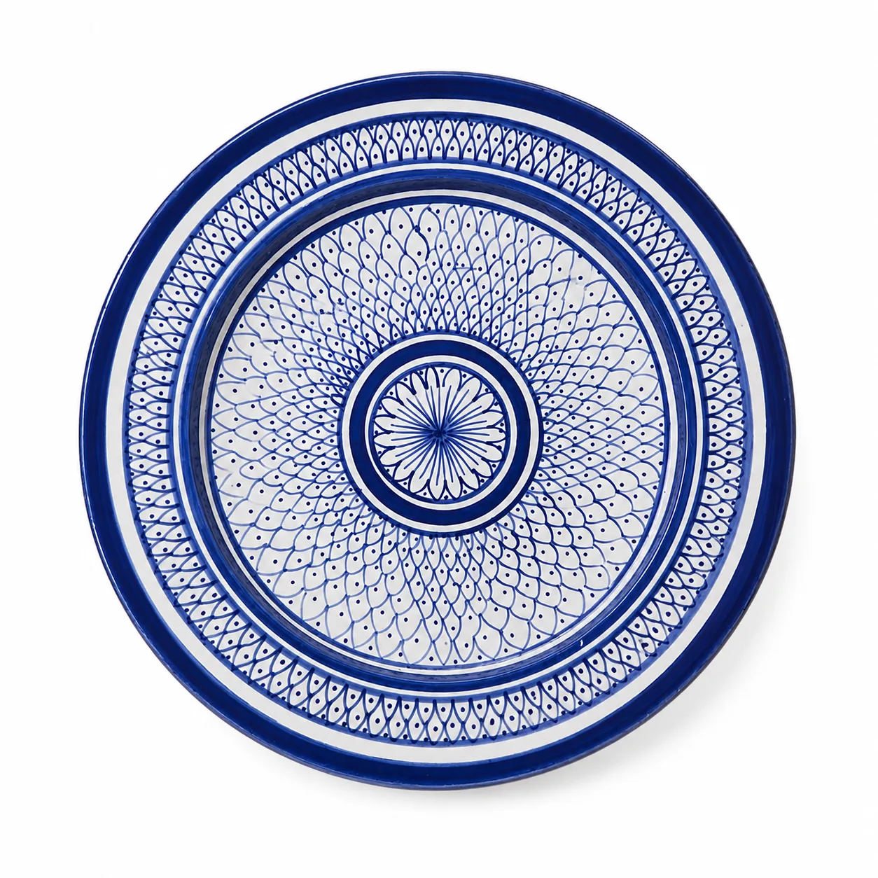 Handmade Moroccan ceramic plate with cobalt blue geometric pattern