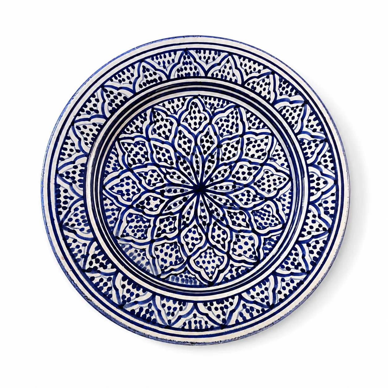 Handmade Moroccan ceramic plate with cobalt blue geometric pattern