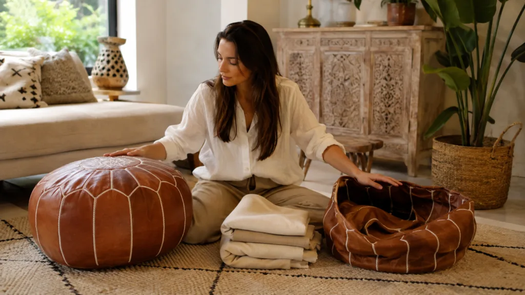a Woman showing the difference between A stuffed Moroccan pouf and unstuffed pouf