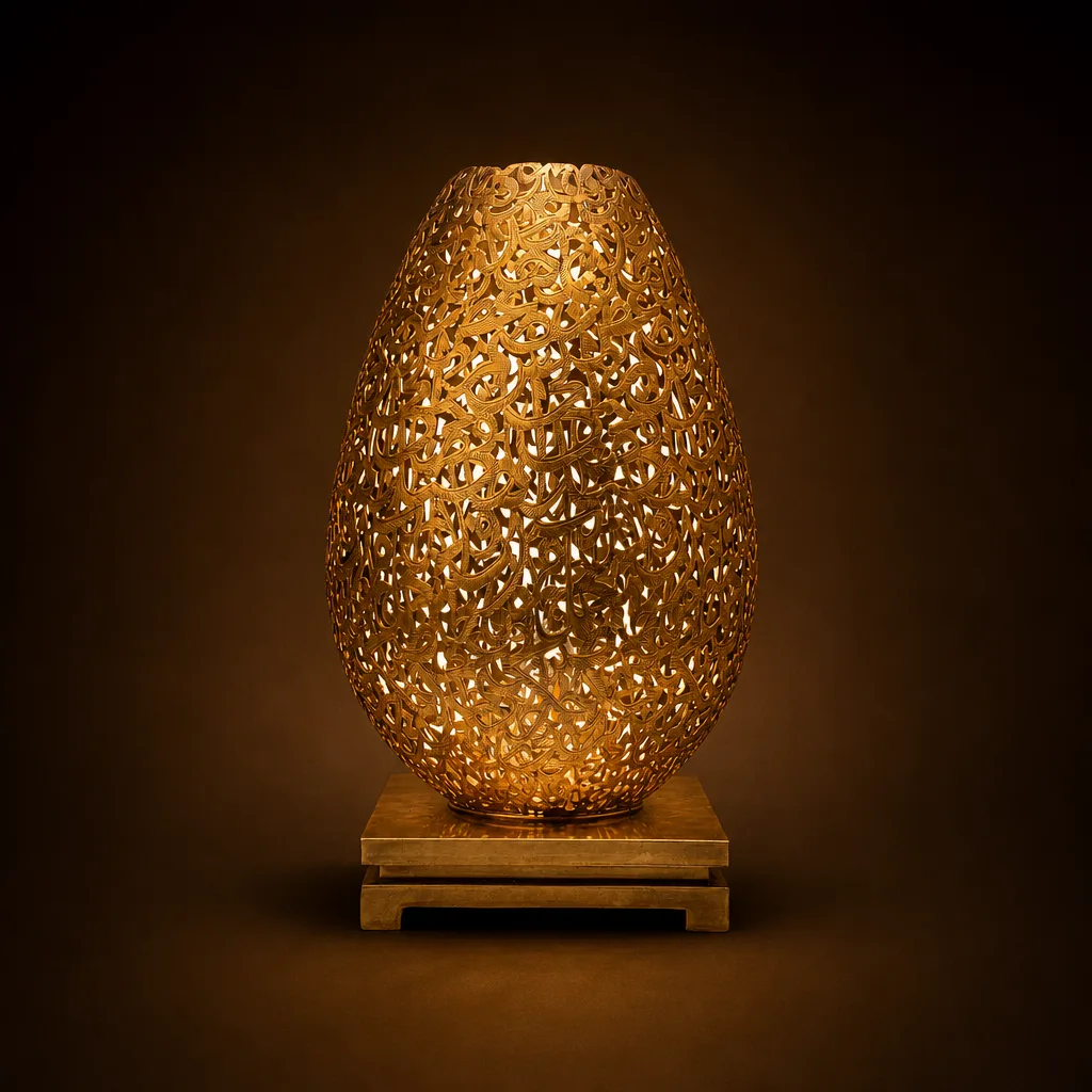 Openwork Gold Moroccan Egg Lamp with Square Base - Image 2
