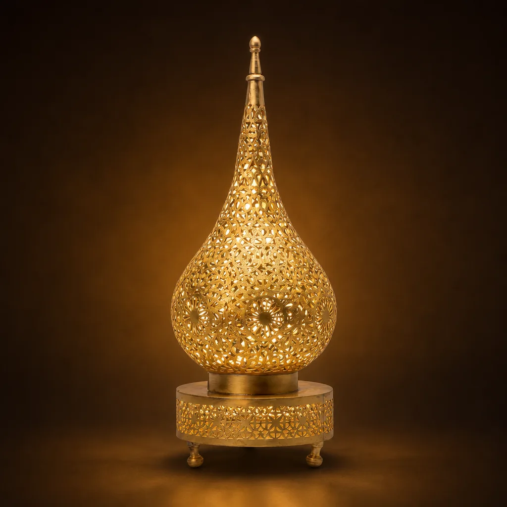 Gold Moroccan brass teardrop lamp with pierced base - Image 2