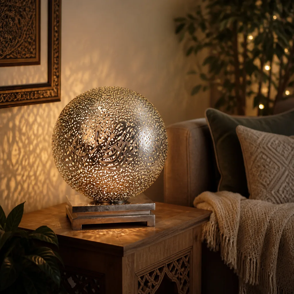 Calligraphy Globe Moroccan Table Lamp with Silver Finish - Image 2