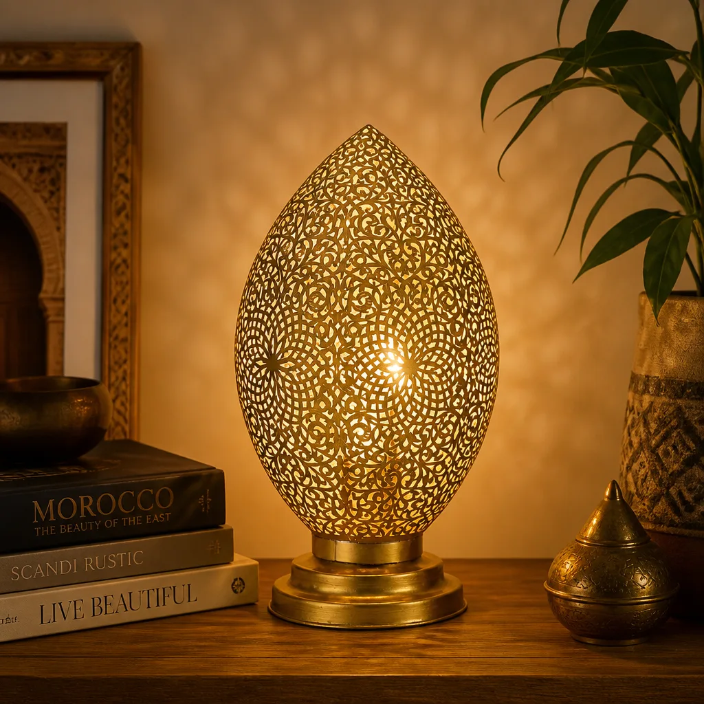 Egg-Shaped Moroccan Table Lamp with Floral Cutouts - Image 2