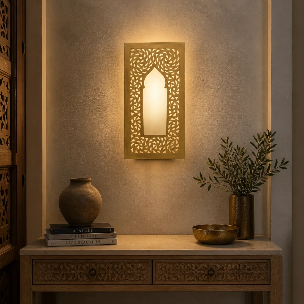 Pierced lattice Moroccan wall lamp with pointed arch - Image 2