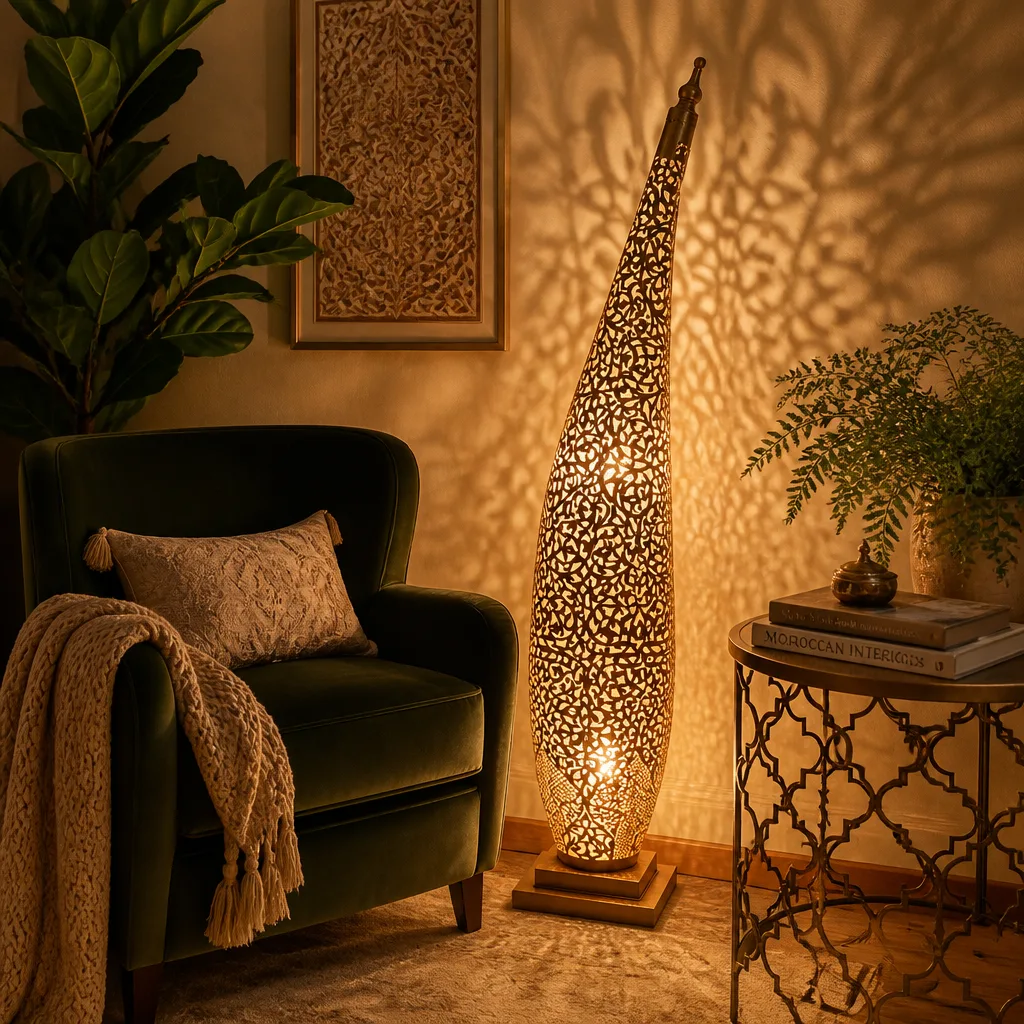 Floral Pierced Tall Curved Moroccan Brass Floor Lamp - Image 2