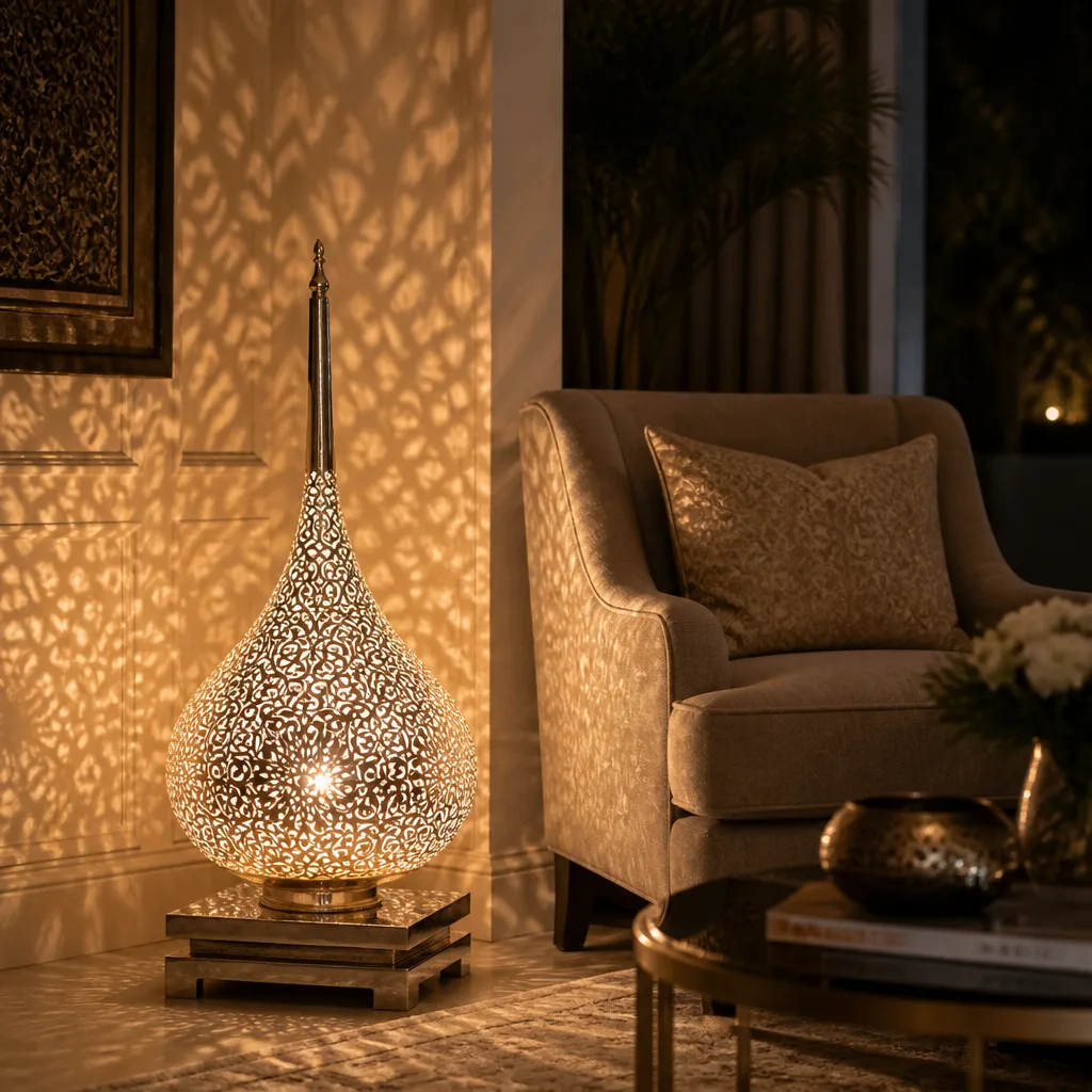 Teardrop Moroccan floor lamp with silver cutout pattern - Image 2