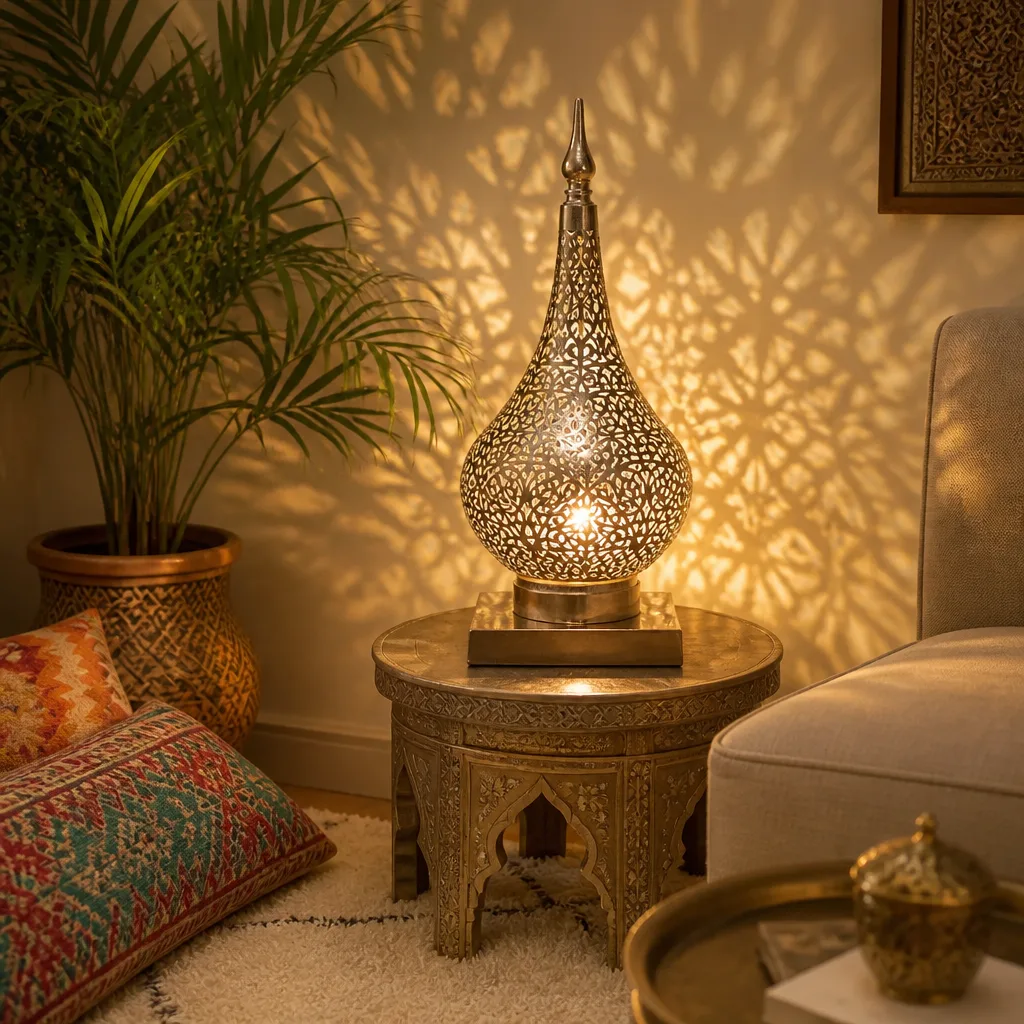 Pierced silver Moroccan table lamp in medium teardrop form - Image 2