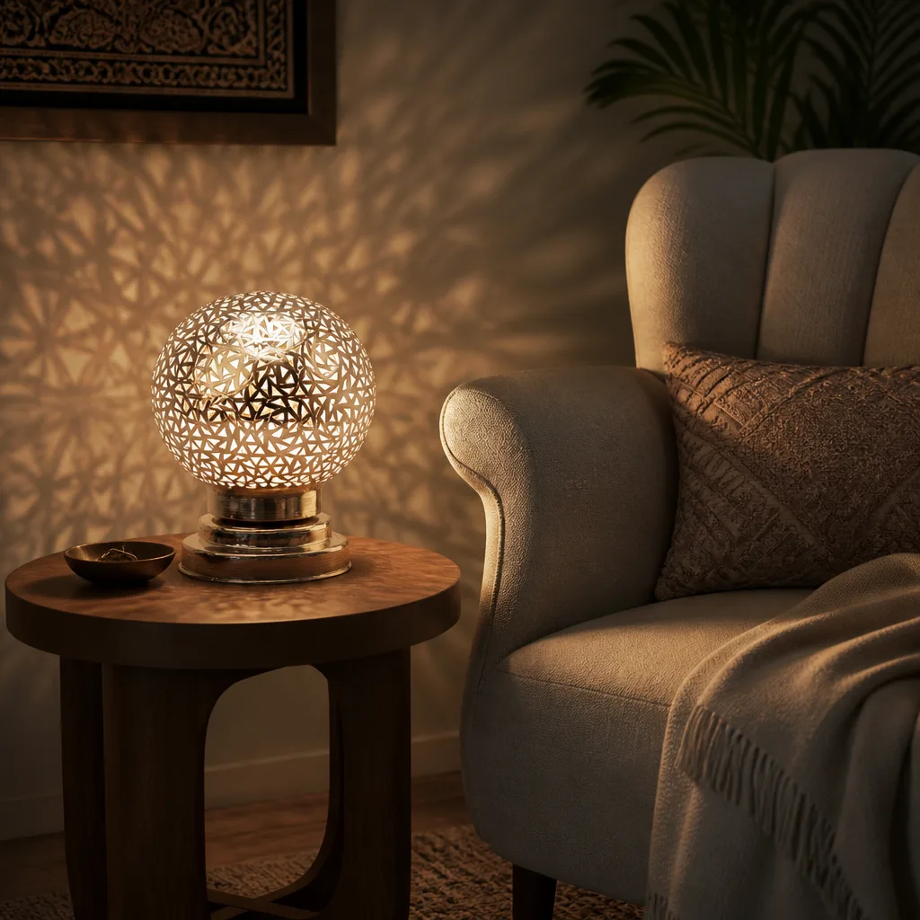 Star-Pierced Moroccan Spherical Table Lamp in Silver - Image 2