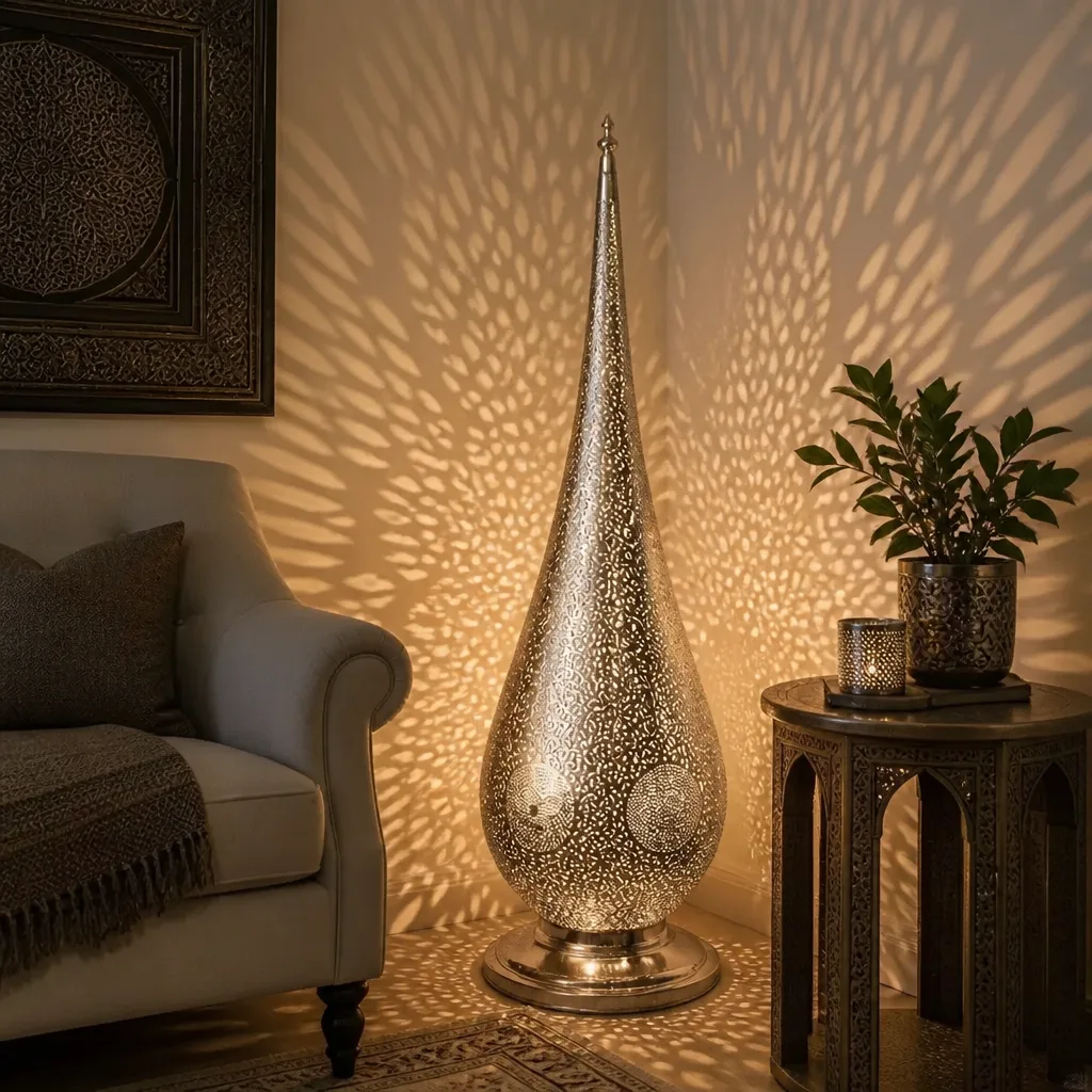 Silver teardrop Moroccan floor lamp with pierced brasswork - Image 2