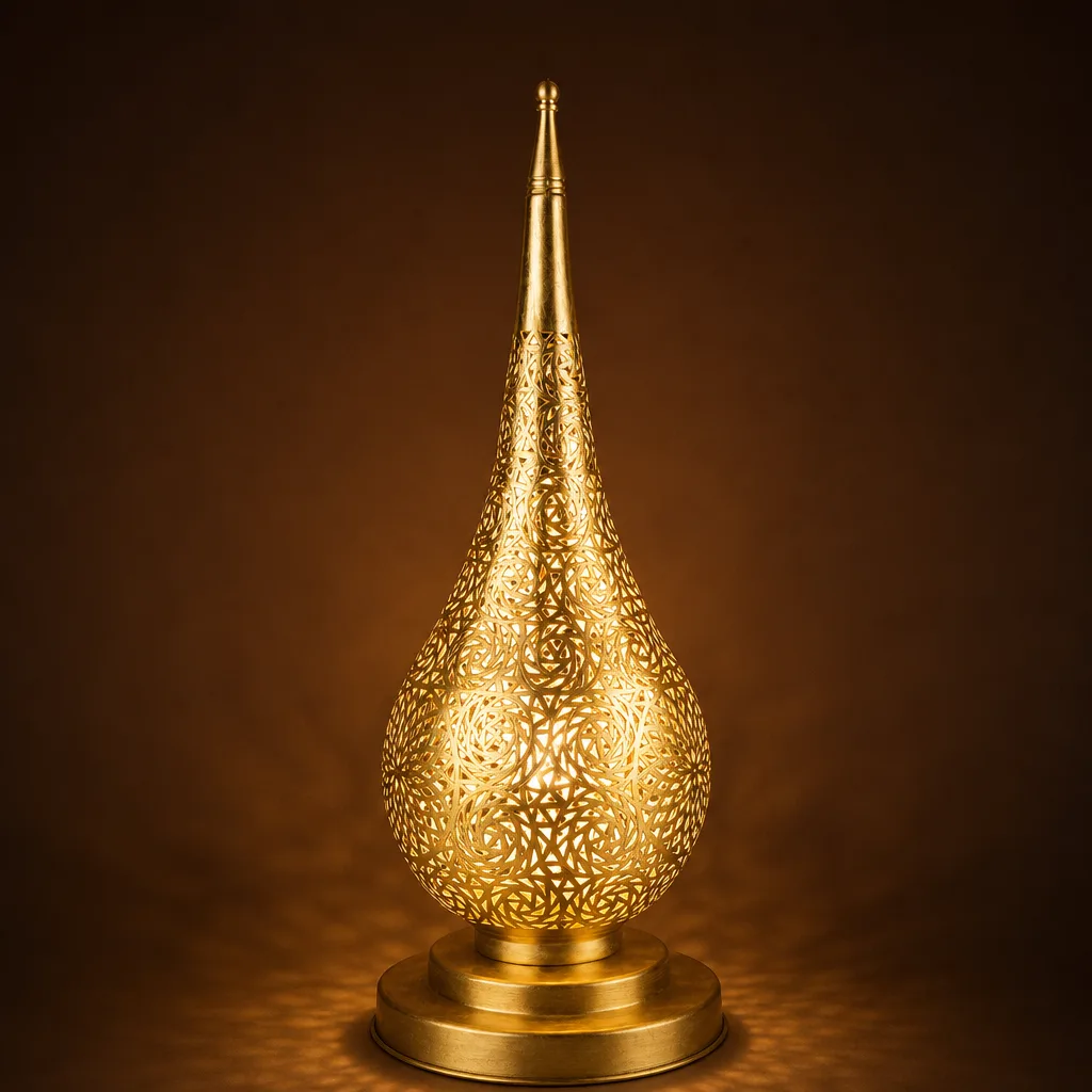 Teardrop brass floor lamp with pierced rosette pattern - Image 2