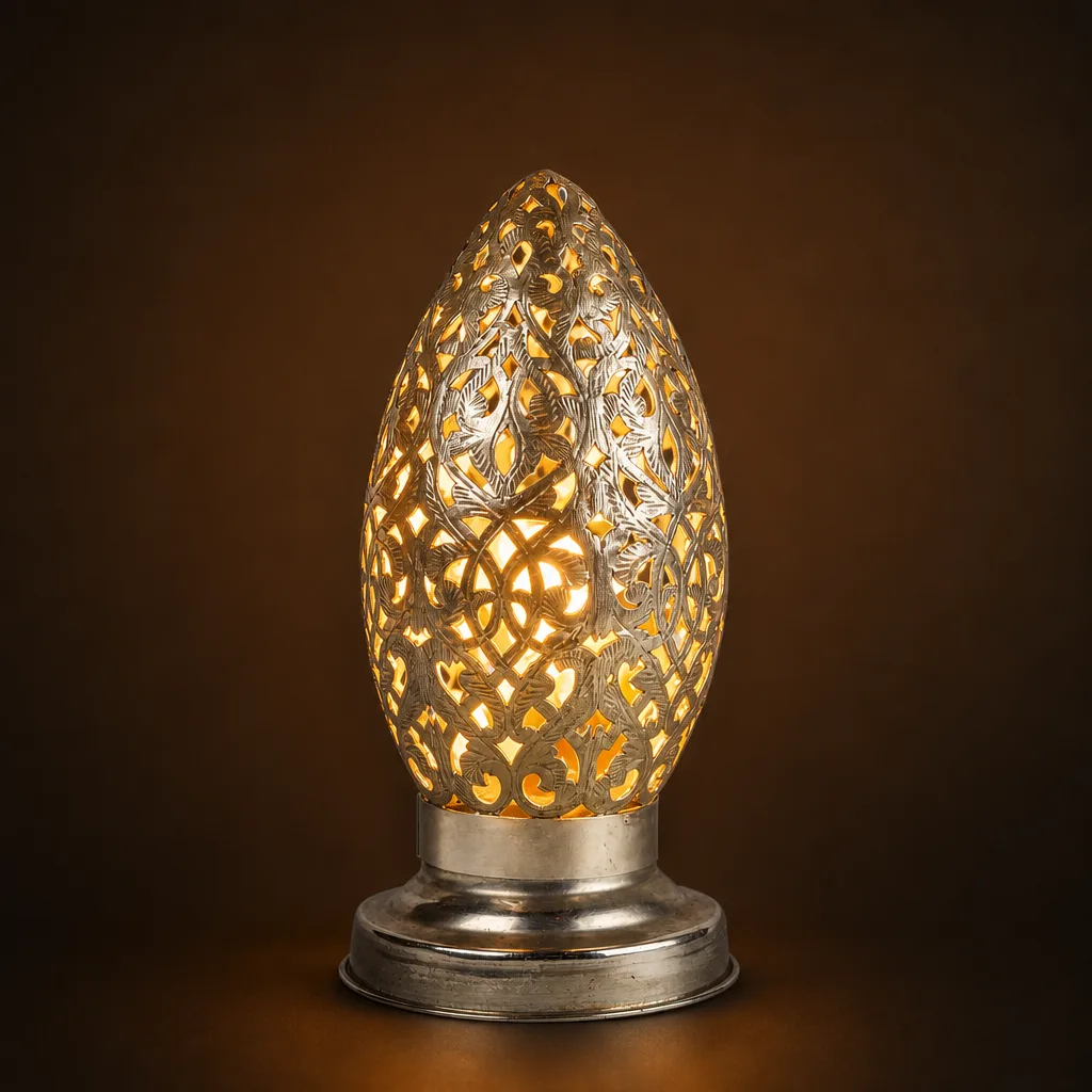Silver egg Moroccan table lamp with floral filigree - Image 2
