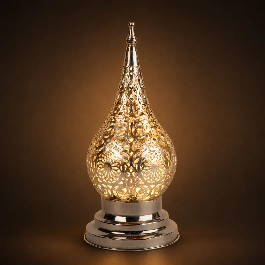 Pierced Floral Moroccan Table Lamp in Silver Brass - Image 2