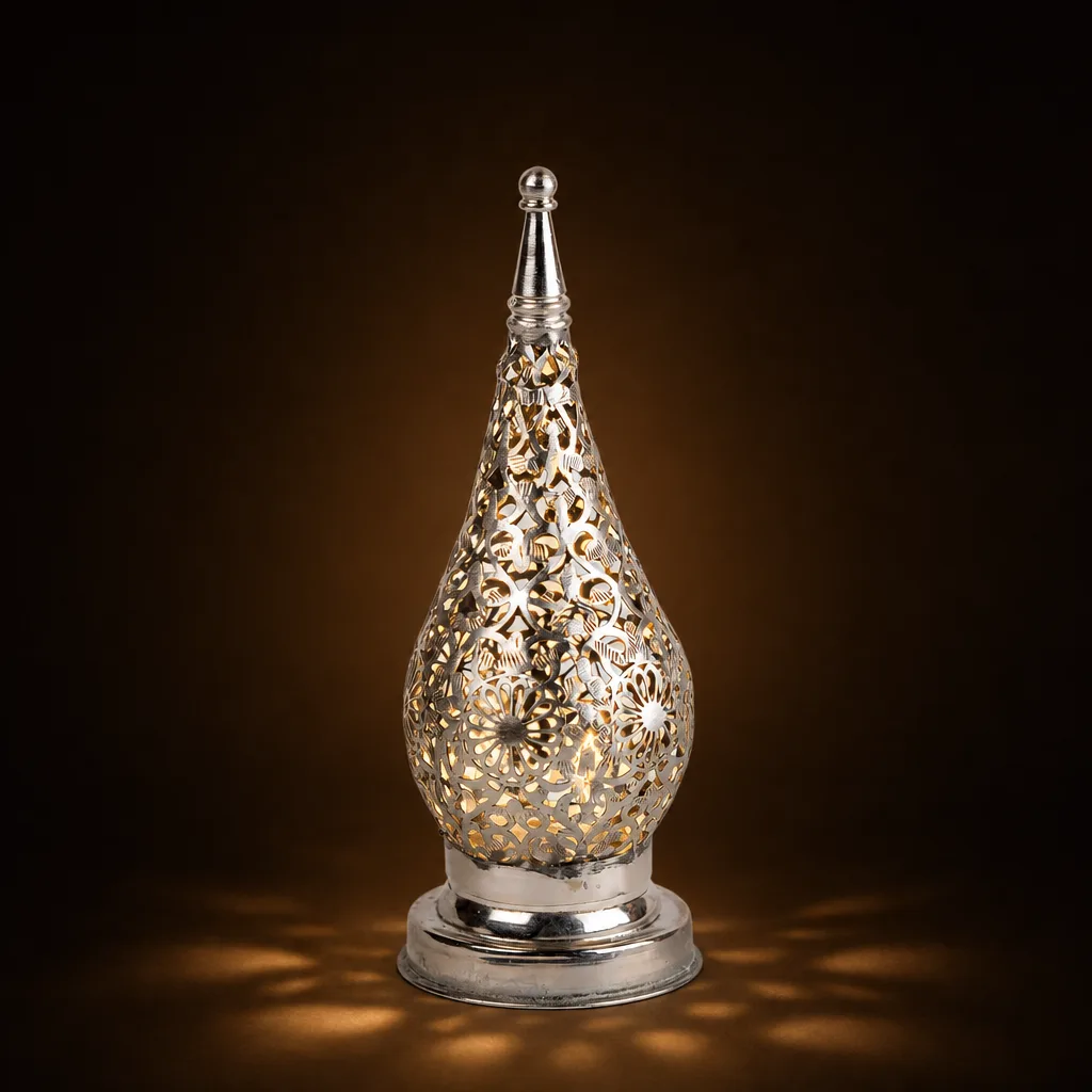 Floral Cut-Out Moroccan table lamp in Silver Teardrop Form - Image 2