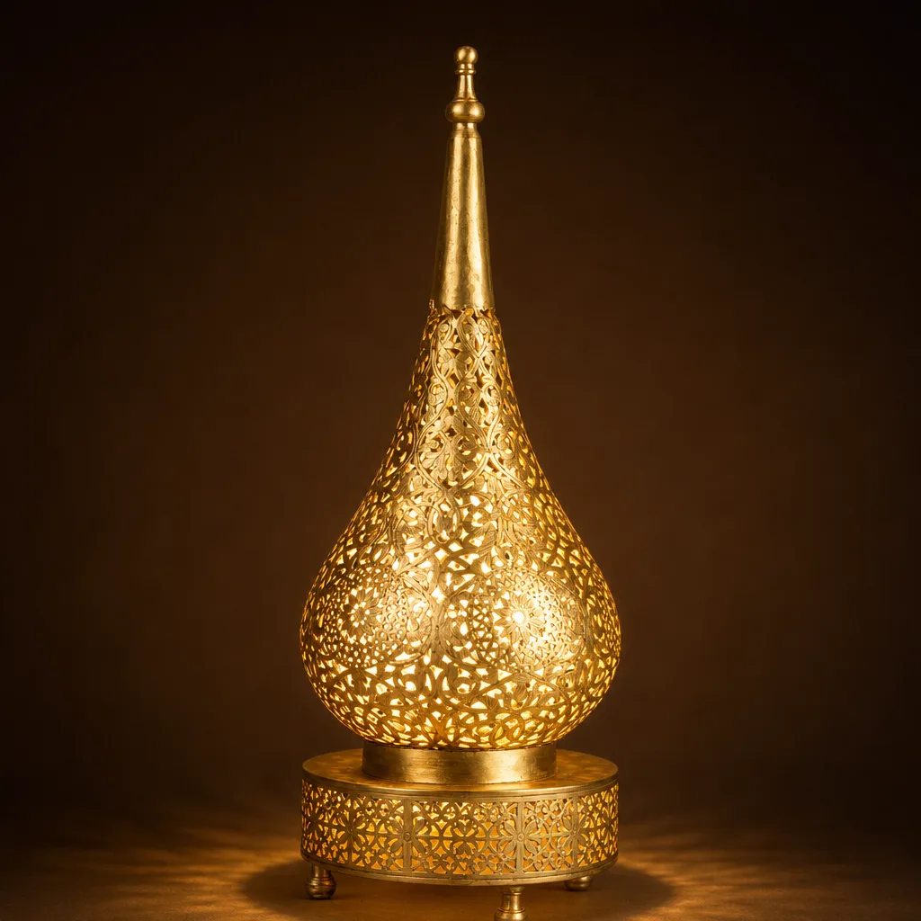 Teardrop brass floor lamp with pierced floral pattern - Image 2