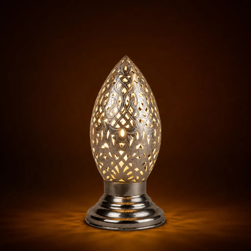 Moroccan pierced floral brass table lamp in antique silver - Image 2