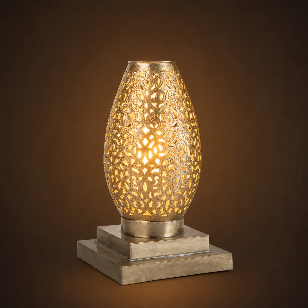 Pierced floral Moroccan table lamp in antique brass - Image 2