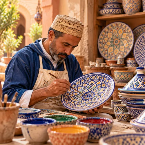 A Moroccan Pottery Artisan Hand Painting Moroccan Pottery Plate