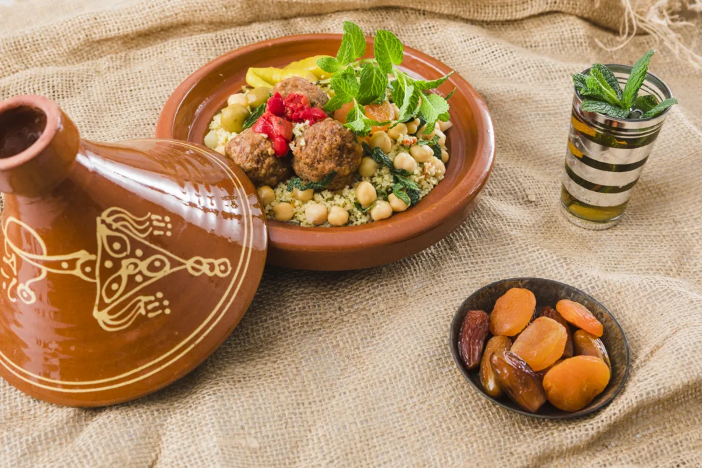 Moroccan Mini Tagine with fresh Moroccan food and a Moroccan mint tea