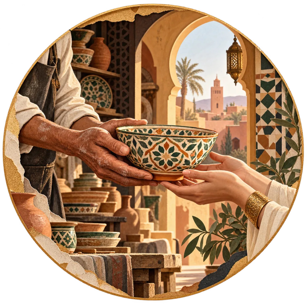 Artisan hands passing a Moroccan bowl